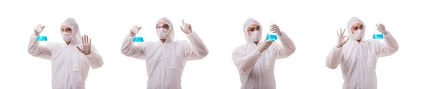 Φαρμακοποιός που εργάζεται με ραδιενεργές ουσίες που απομονώνονται σε λευκό ΒΑ — Φωτογραφία Αρχείου
