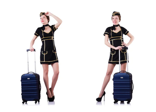 Vrouw reisbegeleider met koffer op wit — Stockfoto