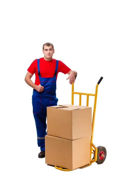 Young male courier with box isolated on white — Stock Photo, Image