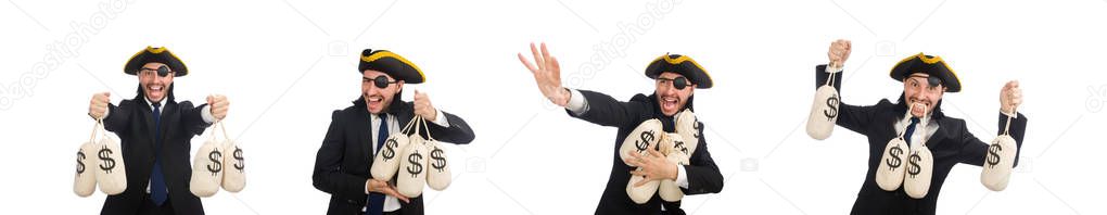 Pirate businessman holding money bags isolated on white