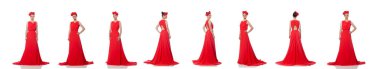WHI üzerinde izole kırmızı uzun gece elbisesi içinde oldukça beyaz modeli