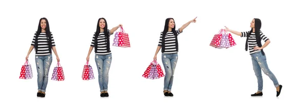 Mulher com sacos de compras isolados em branco — Fotografia de Stock