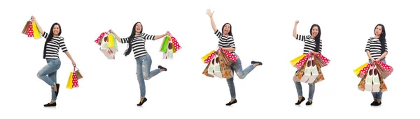 Mujer con bolsas aisladas en blanco —  Fotos de Stock