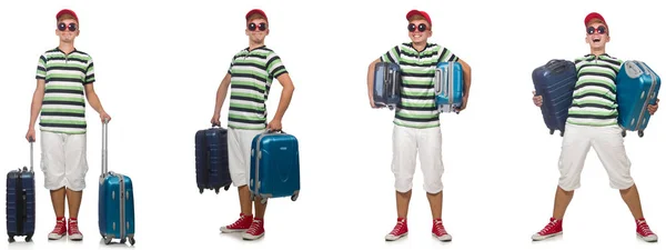 Jeune homme avec valise isolée sur blanc — Photo