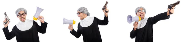 Weird male nun with gun and megaphone — Stock Photo, Image