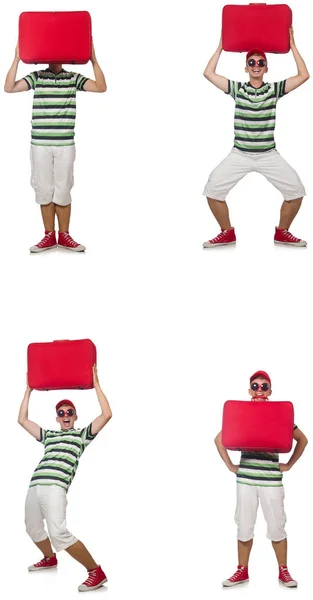 Молодий чоловік з червоною валізою ізольовано на білому — стокове фото