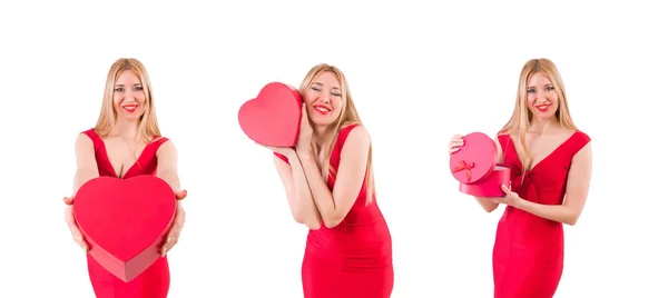 Mujer con caja de regalo aislada en blanco — Foto de Stock