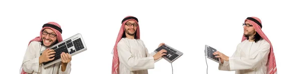 Uomo d'affari arabo con computer su bianco — Foto Stock