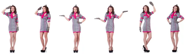 Mooie stewardess geïsoleerd op wit — Stockfoto