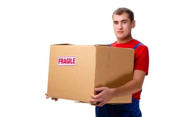 Mladý muž courier s box izolované na bílém — Stock fotografie