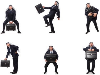 Beyaz izole bavul ile Arap iş adamı