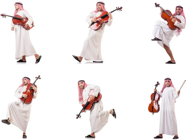 Arabiska mannen spelar cello isolerad på vit — Stockfoto