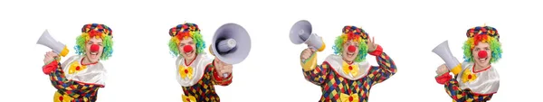 Clown with loudspeaker isolated on white — Stock Photo, Image
