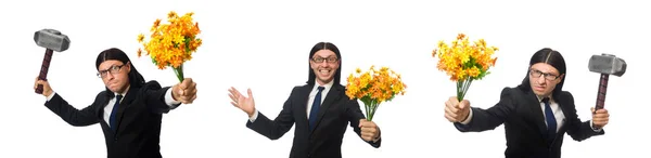 망치와 꽃 정장 남자 — 스톡 사진