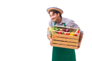 Beyaz arka planda taze ürünleri olan genç çiftçi.
