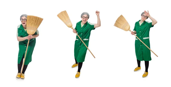 Woman with sweeping brush isolated on white — Stock Photo, Image