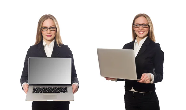 Grazioso dipendente ufficio con computer portatile isolato su bianco — Foto Stock