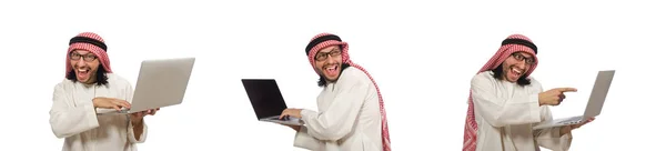 Arab man with laptop isolated on white — Stock Photo, Image