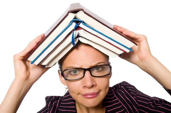 Mujer joven en traje púrpura sosteniendo libros — Foto de Stock