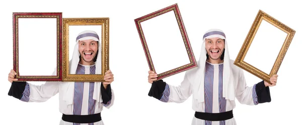 Homem árabe com quadro isolado em branco — Fotografia de Stock