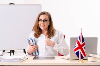 Kadın İngilizce öğretmeni önünde beyaz tahta