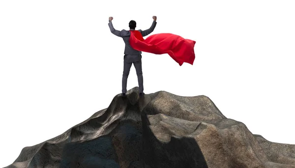 Superhjälte affärsman på toppen av berget — Stockfoto