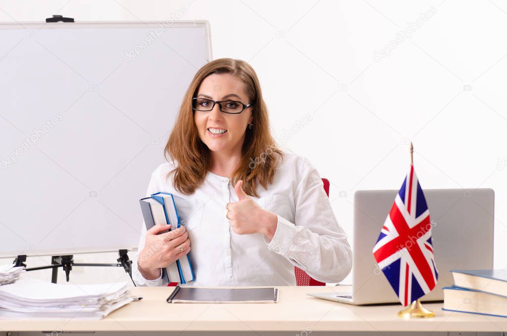 Female english language teacher in front of whiteboard