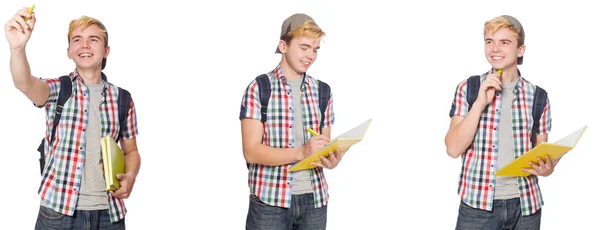 Estudiante con mochila y notas aisladas en blanco —  Fotos de Stock