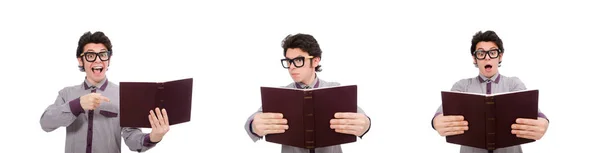 Студент с книгой в белом — стоковое фото