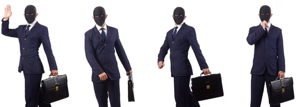 Homem com máscara e maleta isolado em branco — Fotografia de Stock