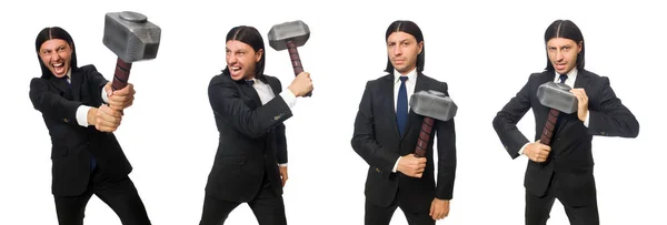 Schöner Geschäftsmann mit Hammer auf weißem Grund — Stockfoto