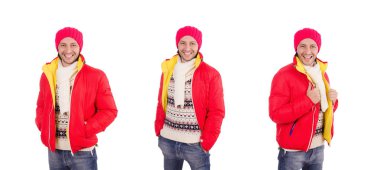 Genç adam beyaz izole kış giysileri içinde