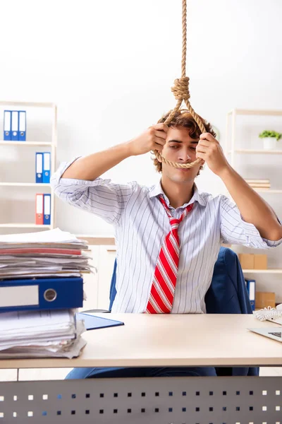 Desperate businessman thinking of committing suicide hanging — Stock Photo, Image