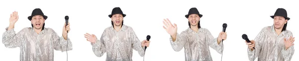 Beyaz izole mikrofon ile şarkı genç adam — Stok fotoğraf