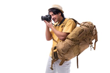 Genç yakışıklı turist üzerinde beyaz izole 