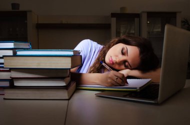 Evde sınavlara hazırlanan genç bir kız öğrenci. 