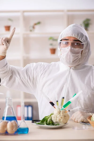 Scienziato che lavora in laboratorio sugli OGM frutta e verdura — Foto Stock