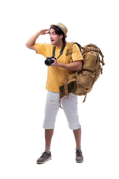 Jovem turista bonito isolado no branco — Fotografia de Stock