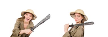 Beyaz safari şapkalı kadın.