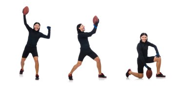 Amerikan futbolu üzerine beyaz izole çalmaya adam