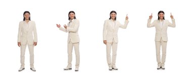 Beyazda izole edilmiş komik bir adam.