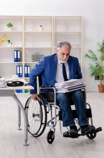 Älterer Mitarbeiter im Rollstuhl arbeitet im Büro — Stockfoto