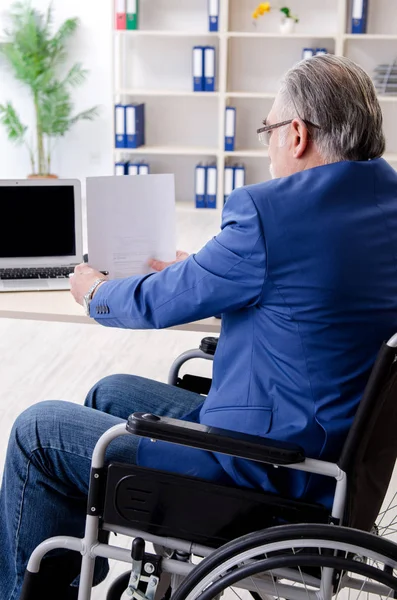 Employé âgé en fauteuil roulant travaillant au bureau — Photo