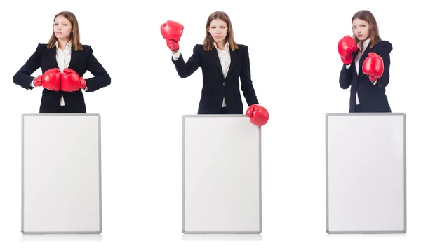 Woman boxer with blank board on white — Stock Photo, Image