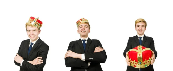 Бізнесмен з короною ізольовано на білому — стокове фото
