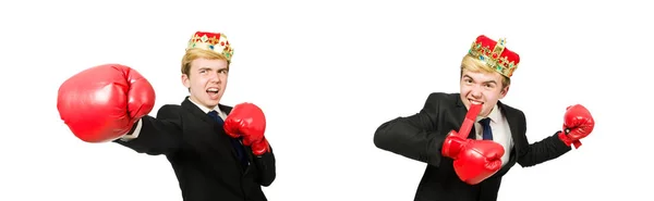 Funny businessman with crown and boxing gloves — Stock Photo, Image