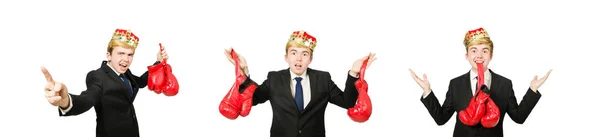 Empresário engraçado com coroa e luvas de boxe — Fotografia de Stock