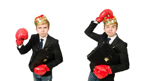Zabawny biznesmen z koroną i rękawicami bokserskimi — Zdjęcie stockowe
