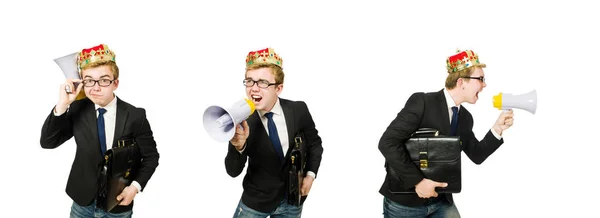 Homme avec couronne et mégaphone isolé sur blanc — Photo