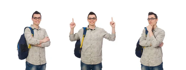 Estudante caucasiano sorridente com mochila isolada em branco — Fotografia de Stock